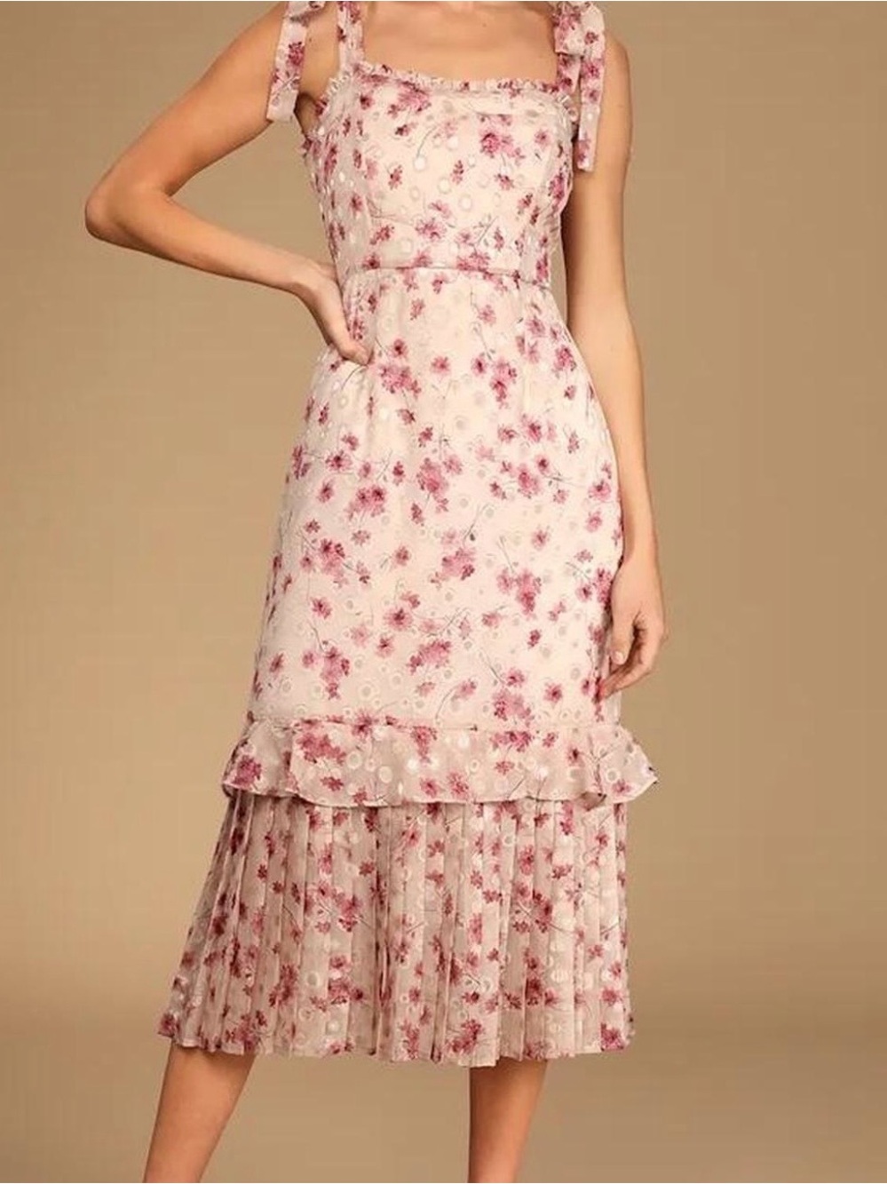 Lulu's Pink Floral Midi Dress with Tie Straps